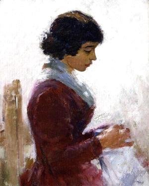 Girl in Red Sewing